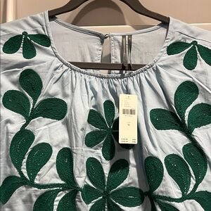 Anthropologie Light Blue Midi Dress with Green Embroidery